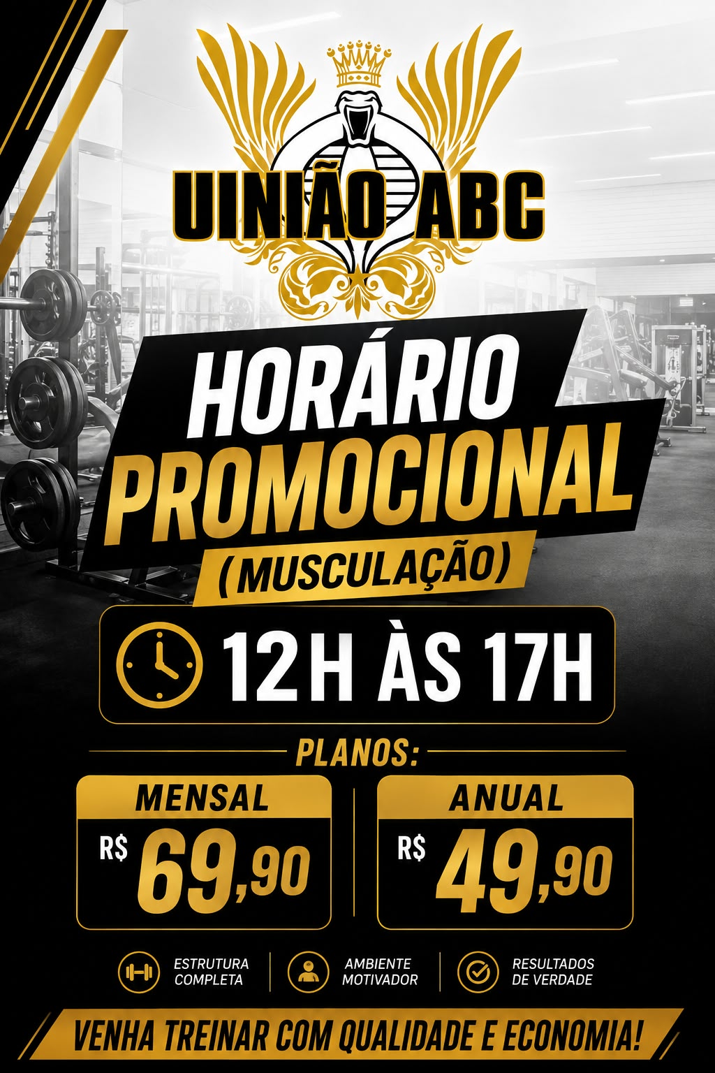 Horário promocional de musculação das 12h às 17h no CT União ABC